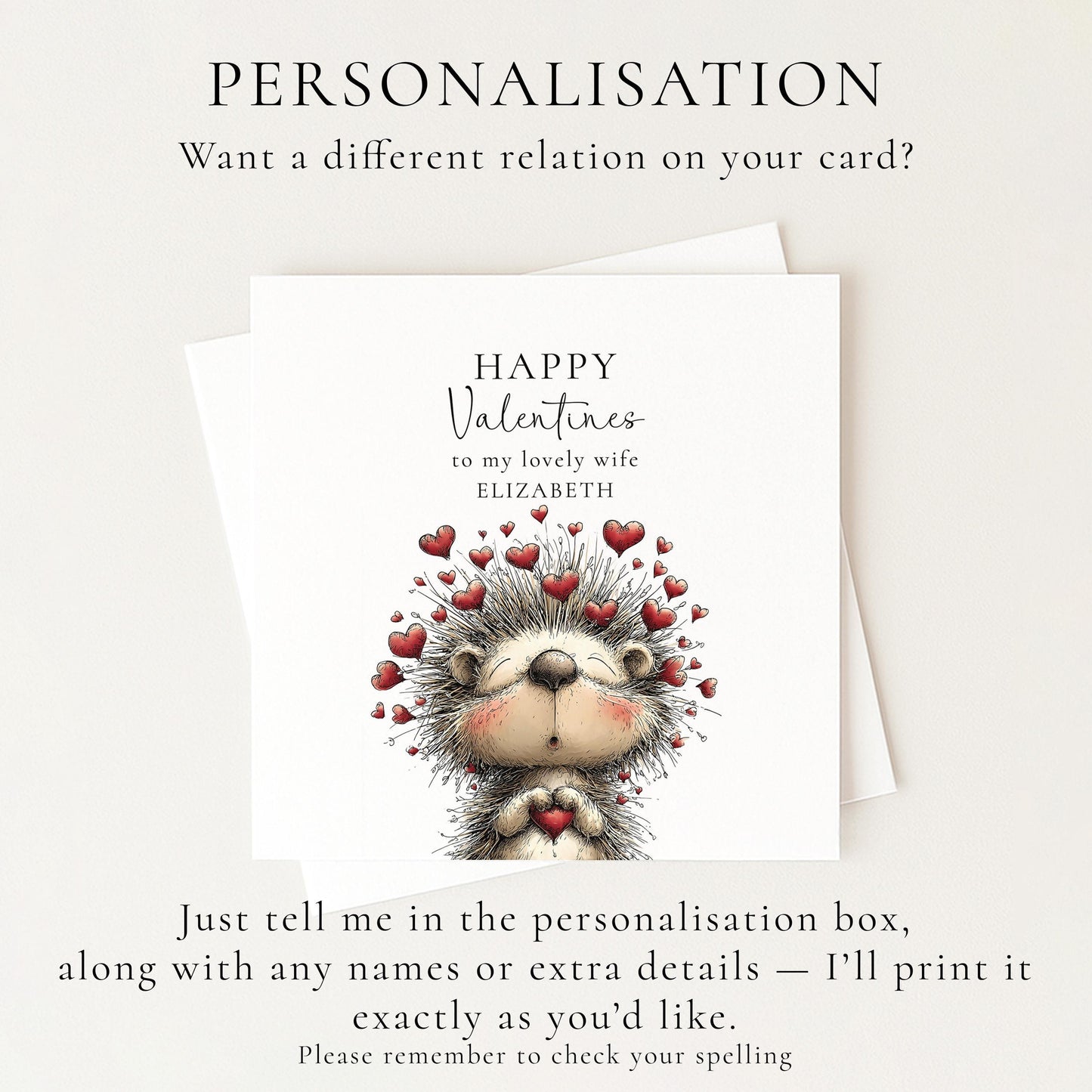 Valentine’s Card for Wife, Cute Hedgehog Valentine Card, Wife Valentine Card, Personalised Valentine’s Day Card