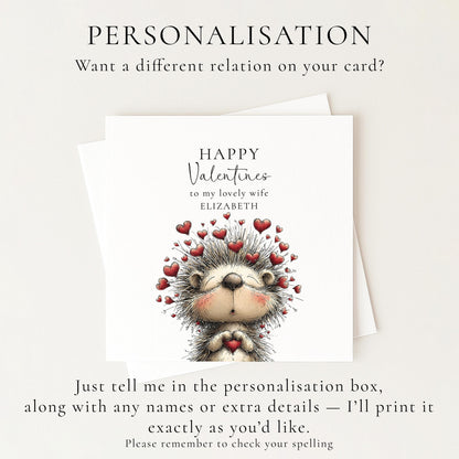 Valentine’s Card for Wife, Cute Hedgehog Valentine Card, Wife Valentine Card, Personalised Valentine’s Day Card
