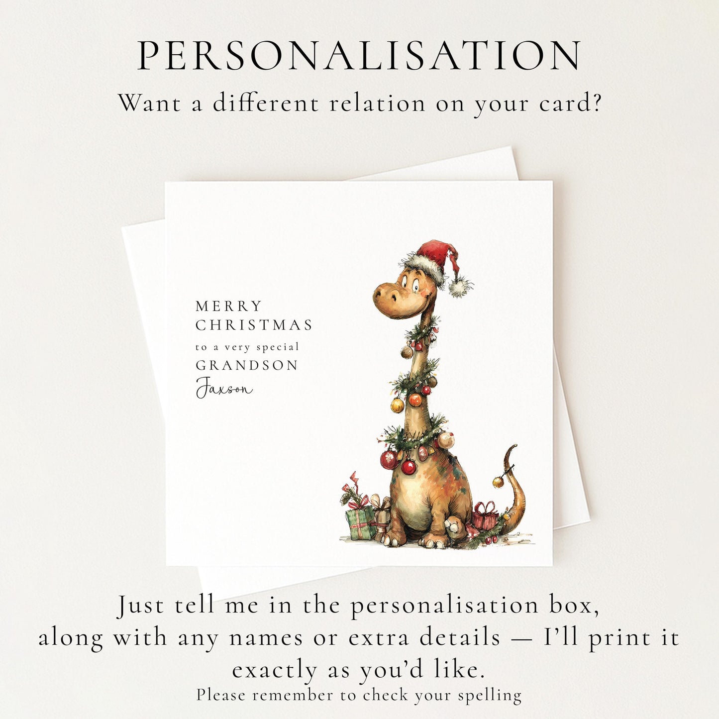 Grandson Christmas Card, Personalised Dinosaur Christmas Card, Cute Dino Xmas Card for Grandson, Custom Name Card, Printed Christmas Card