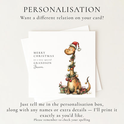 Grandson Christmas Card, Personalised Dinosaur Christmas Card, Cute Dino Xmas Card for Grandson, Custom Name Card, Printed Christmas Card