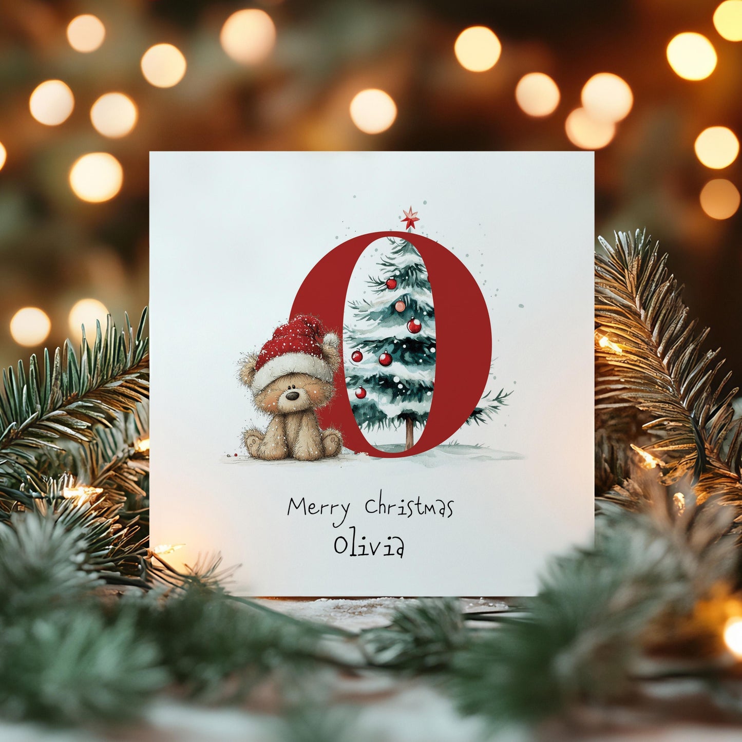 Personalised Initial Xmas Card, Letter O Christmas Card, Cute Bear Christmas Card for Kids, Grandchild