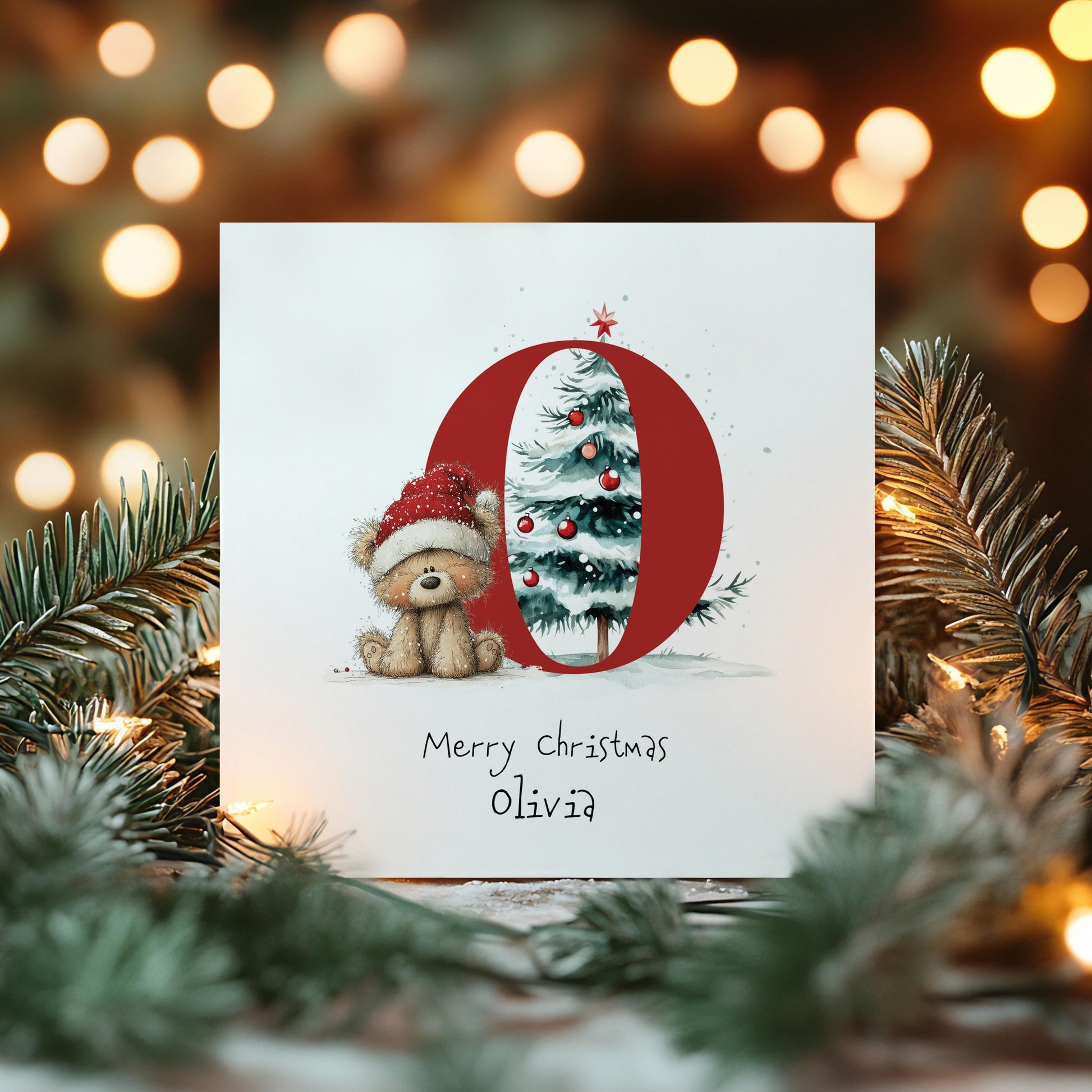 Personalised Initial Xmas Card, Letter O Christmas Card, Cute Bear Christmas Card for Kids, Grandchild