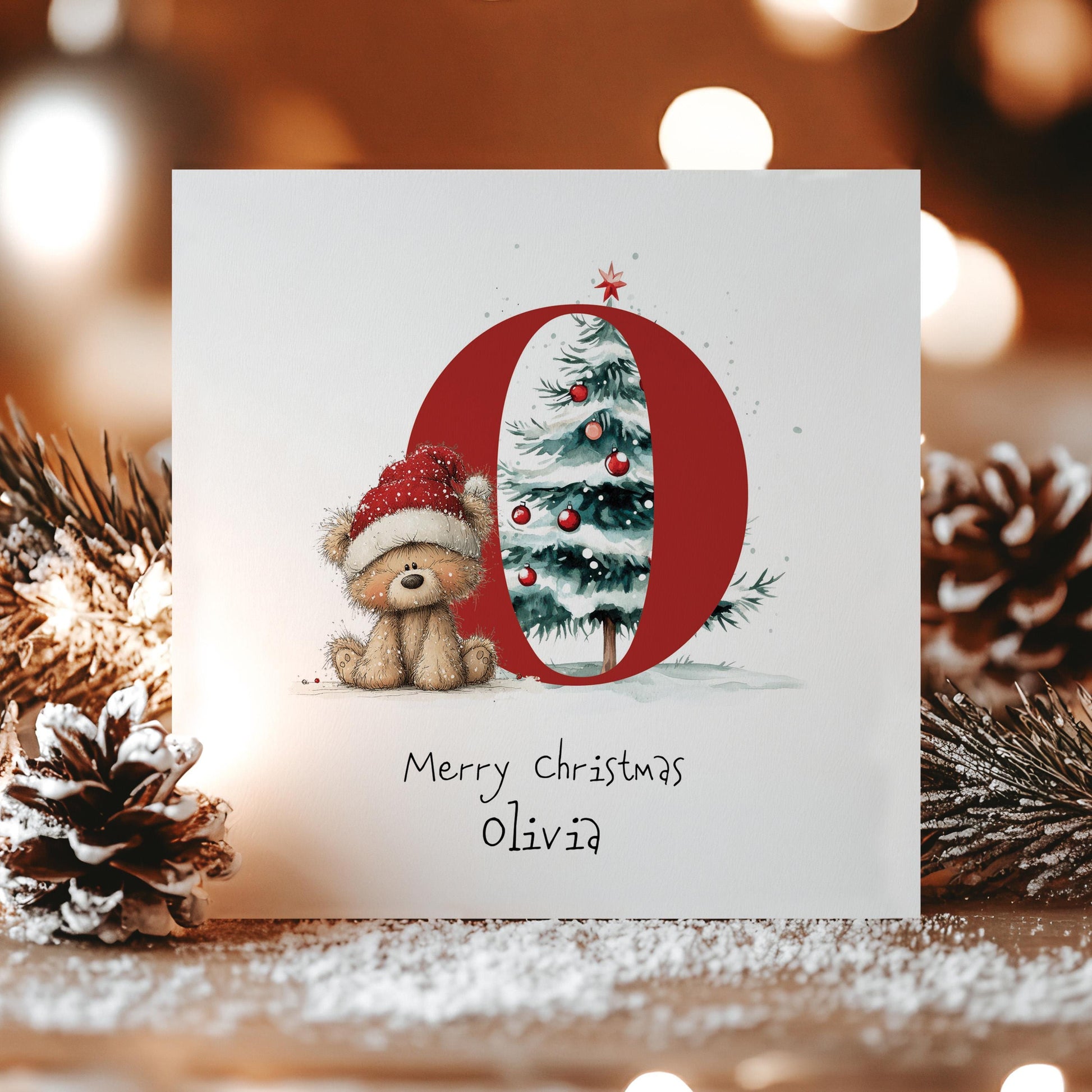 Personalised Initial Xmas Card, Letter O Christmas Card, Cute Bear Christmas Card for Kids, Grandchild