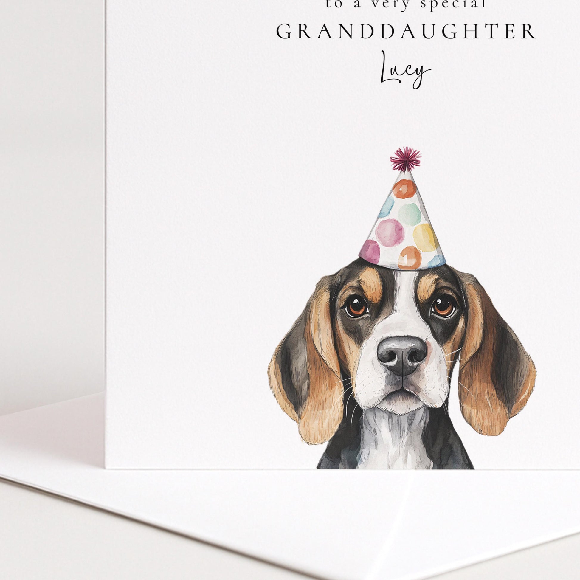 Granddaughter Birthday Card, Cute Dog Birthday Card, Personalised Birthday Card for Granddaughter, Printed Card with Party Hat Pup
