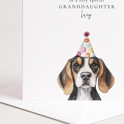 Granddaughter Birthday Card, Cute Dog Birthday Card, Personalised Birthday Card for Granddaughter, Printed Card with Party Hat Pup