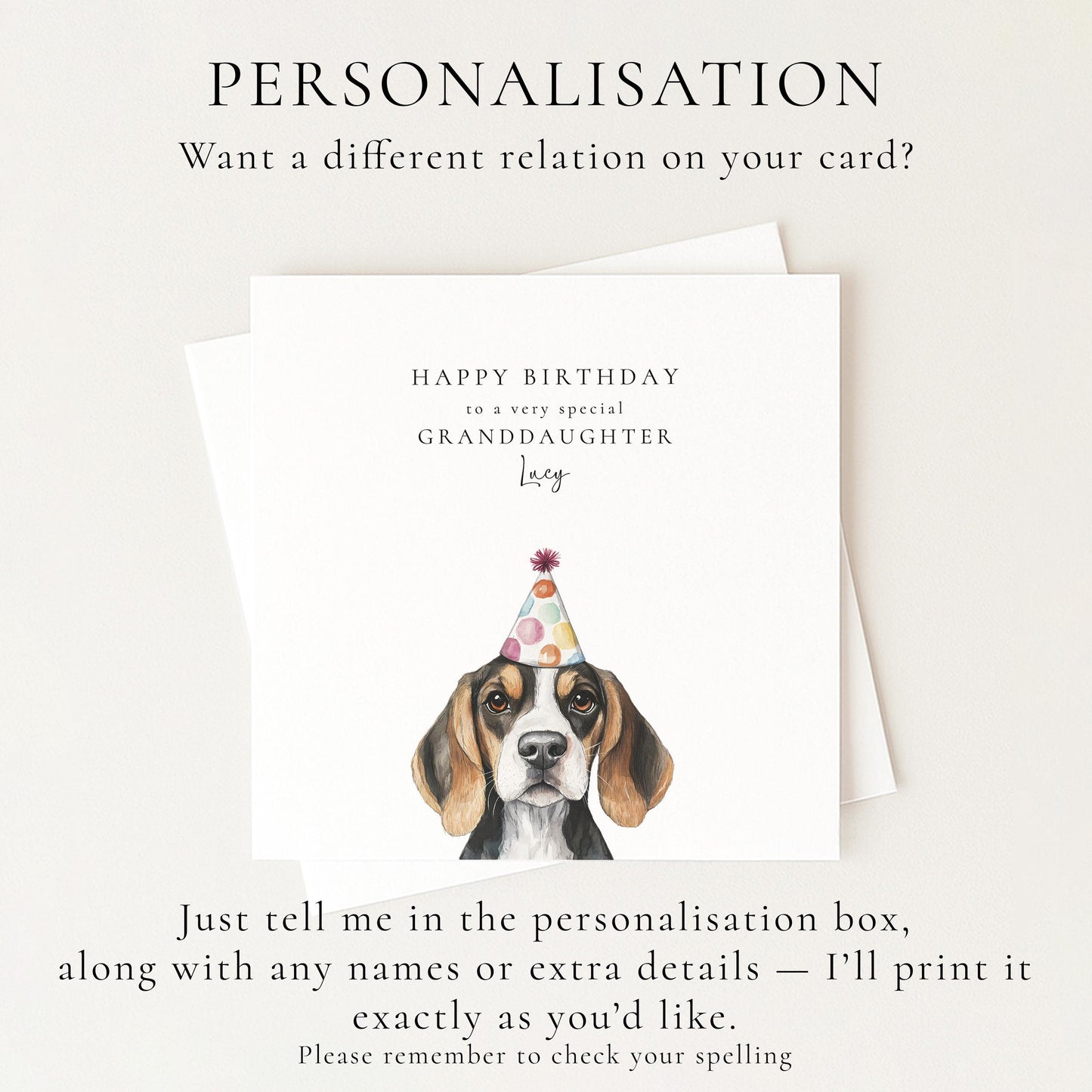 Granddaughter Birthday Card, Cute Dog Birthday Card, Personalised Birthday Card for Granddaughter, Printed Card with Party Hat Pup