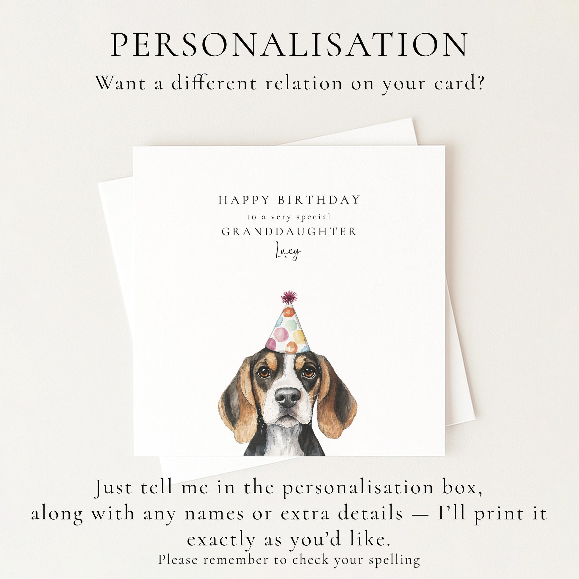 Granddaughter Birthday Card, Cute Dog Birthday Card, Personalised Birthday Card for Granddaughter, Printed Card with Party Hat Pup