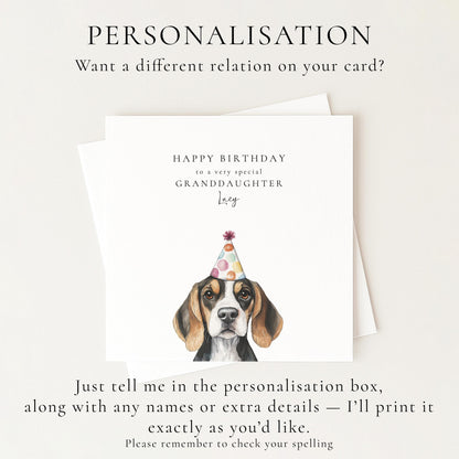 Granddaughter Birthday Card, Cute Dog Birthday Card, Personalised Birthday Card for Granddaughter, Printed Card with Party Hat Pup