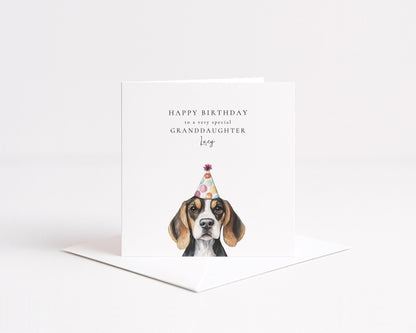 Granddaughter Birthday Card, Cute Dog Birthday Card, Personalised Birthday Card for Granddaughter, Printed Card with Party Hat Pup