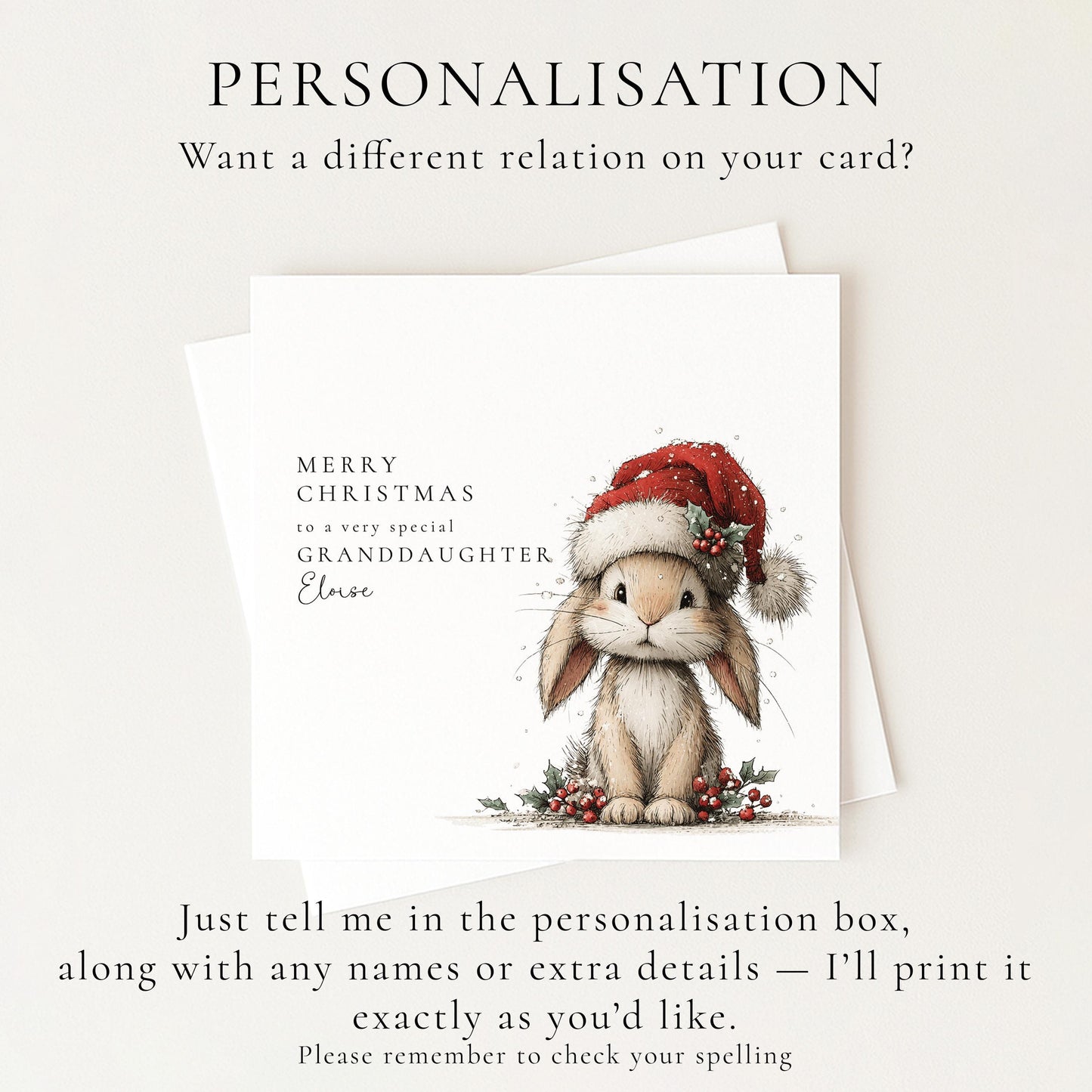 Granddaughter Christmas Card, Cute Bunny Christmas Card, Personalised Xmas Card for Granddaughter, Special Grandchild Holiday Card