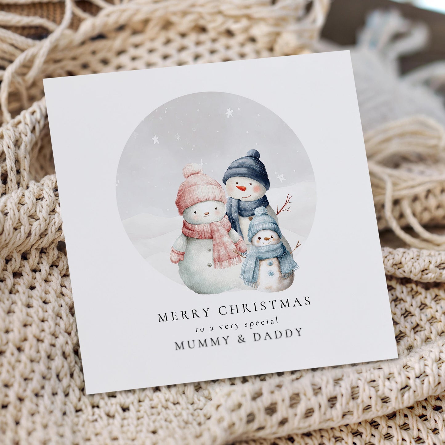 Christmas Card for Mummy and Daddy from Son, Personalised Snowman Family Card, Custom Name Parents Christmas Card