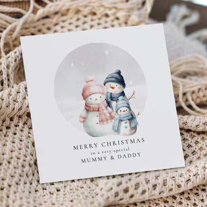 Christmas Card for Mummy and Daddy from Son, Personalised Snowman Family Card, Custom Name Parents Christmas Card