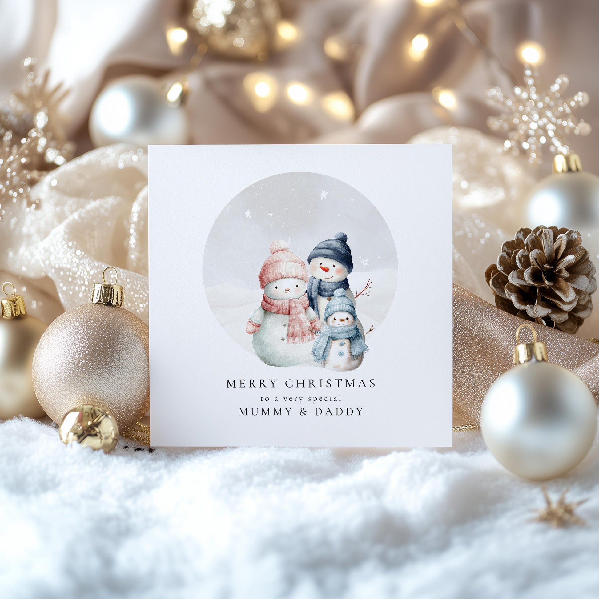 Christmas Card for Mummy and Daddy from Son, Personalised Snowman Family Card, Custom Name Parents Christmas Card