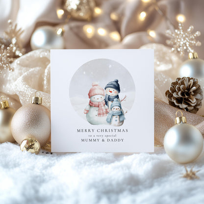 Christmas Card for Mummy and Daddy from Son, Personalised Snowman Family Card, Custom Name Parents Christmas Card
