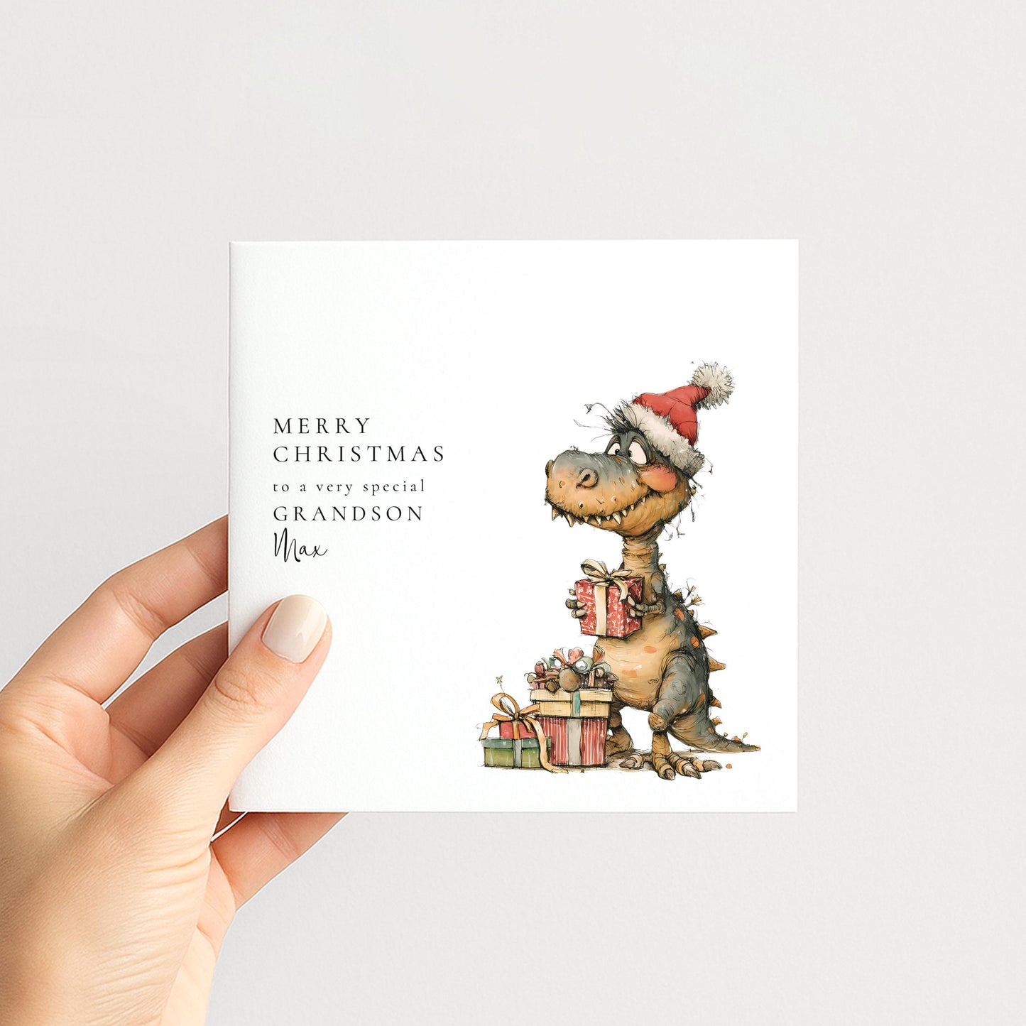 Grandson Christmas Card, Personalised Dinosaur Christmas Card, Cute T-Rex Xmas Card for Grandson, Custom Name Card, Printed Christmas Card