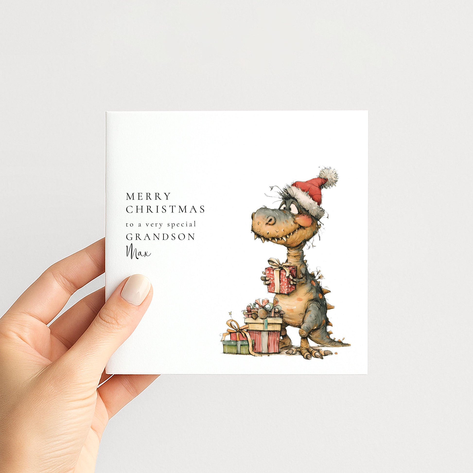 Grandson Christmas Card, Personalised Dinosaur Christmas Card, Cute T-Rex Xmas Card for Grandson, Custom Name Card, Printed Christmas Card