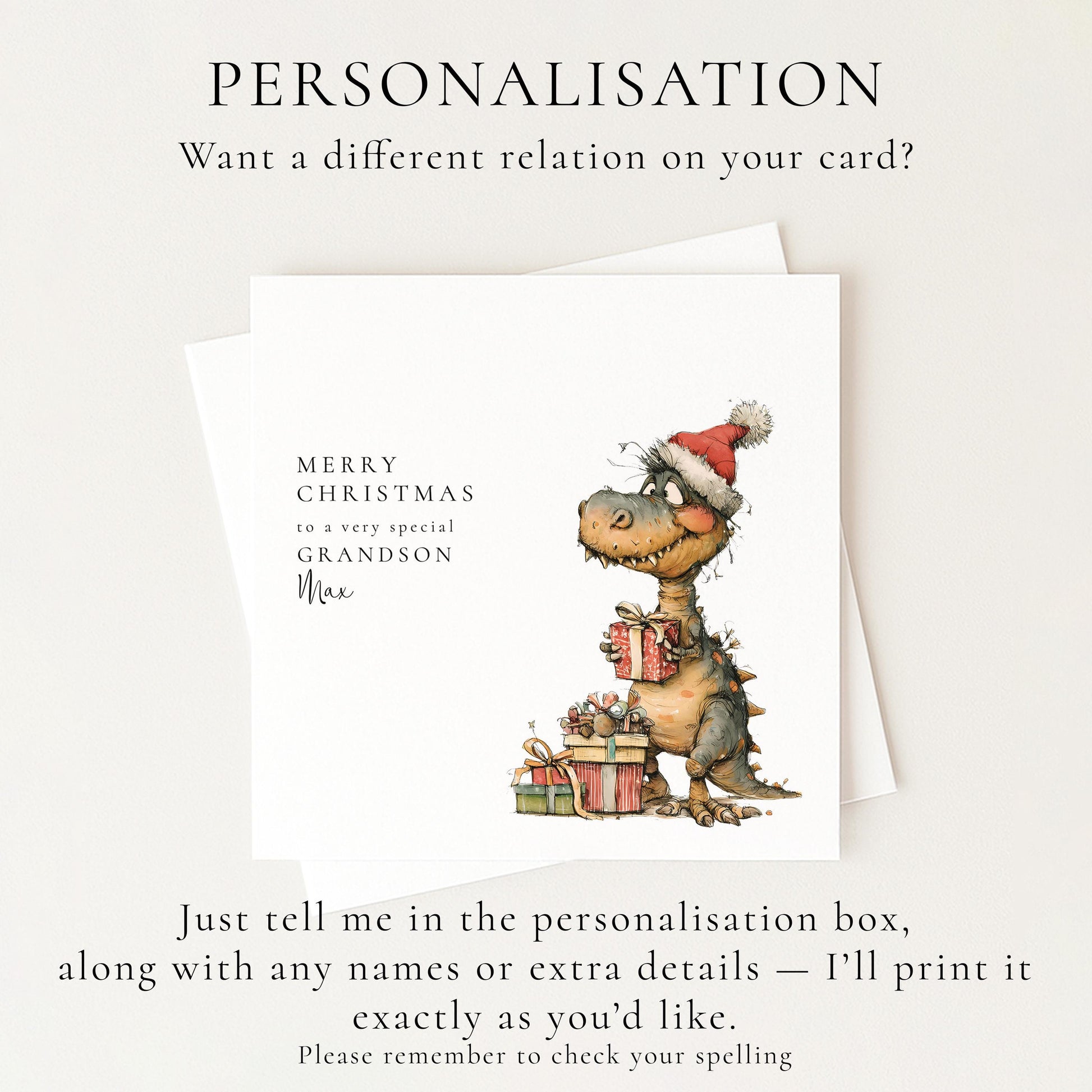 Grandson Christmas Card, Personalised Dinosaur Christmas Card, Cute T-Rex Xmas Card for Grandson, Custom Name Card, Printed Christmas Card