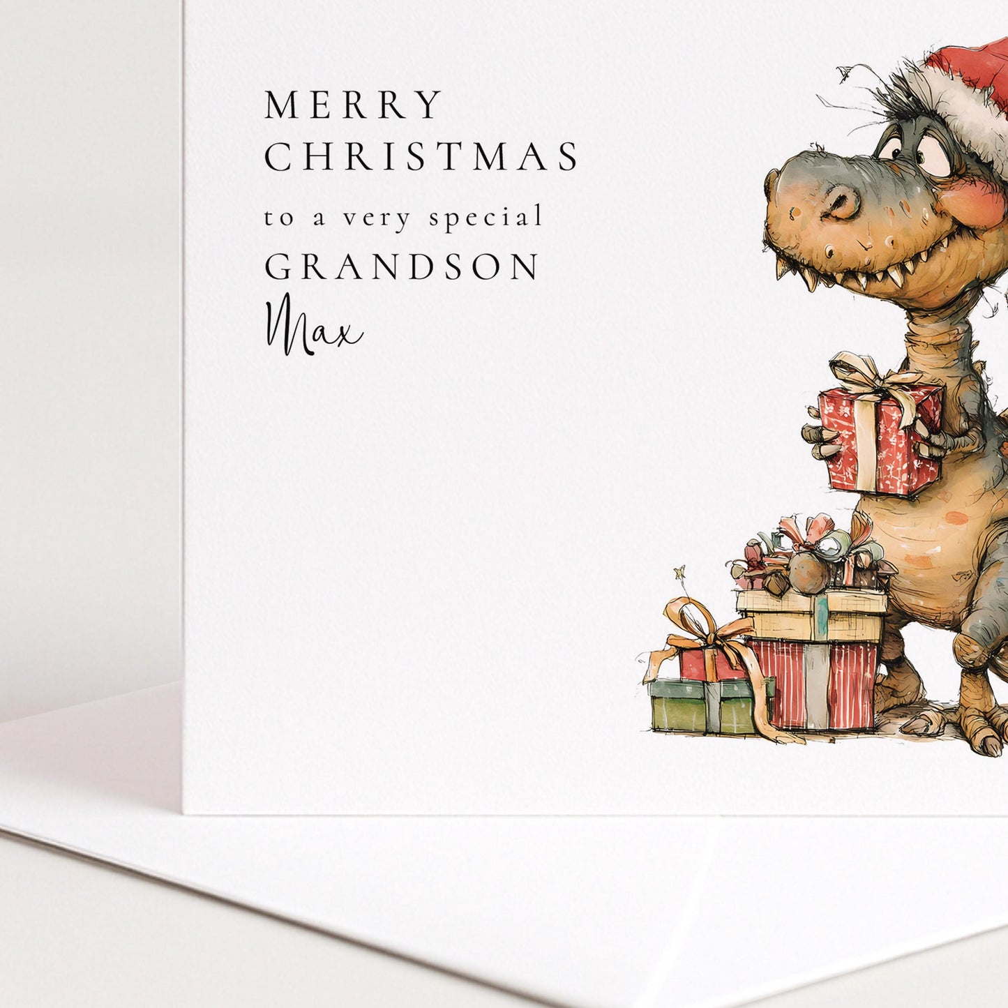 Grandson Christmas Card, Personalised Dinosaur Christmas Card, Cute T-Rex Xmas Card for Grandson, Custom Name Card, Printed Christmas Card