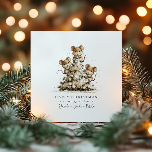 Christmas Card for Grandsons, Cute Mice Christmas Tree Design, Personalised Grandson Xmas Card, Happy Christmas Card for Grandkids