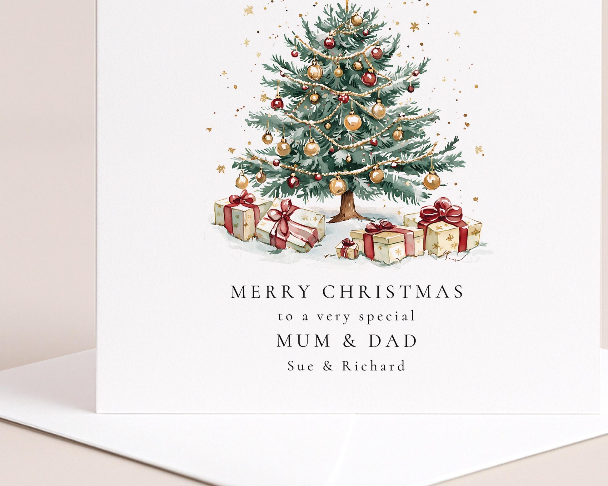 Personalised Christmas Card for Mum & Dad, Luxury Christmas Tree Card, Custom Names, Keepsake Christmas Card for Parents