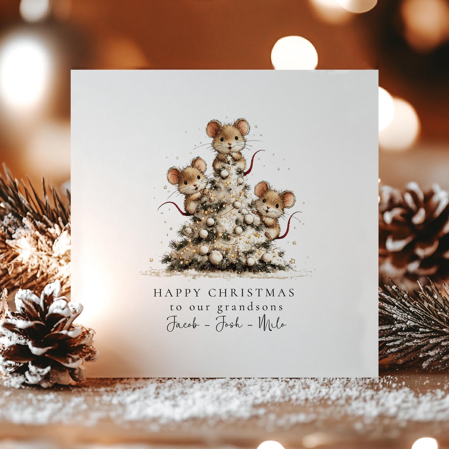 Christmas Card for Grandsons, Cute Mice Christmas Tree Design, Personalised Grandson Xmas Card, Happy Christmas Card for Grandkids