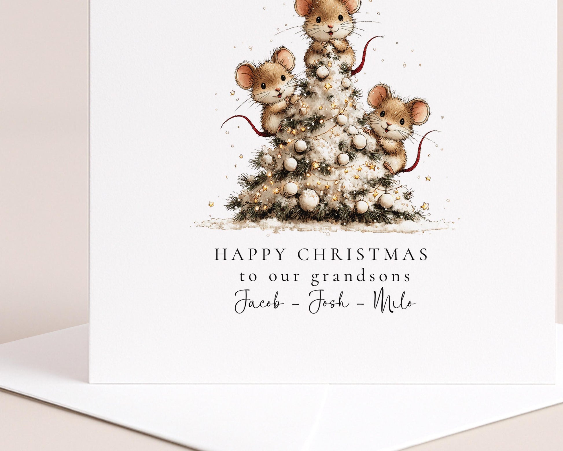 Christmas Card for Grandsons, Cute Mice Christmas Tree Design, Personalised Grandson Xmas Card, Happy Christmas Card for Grandkids