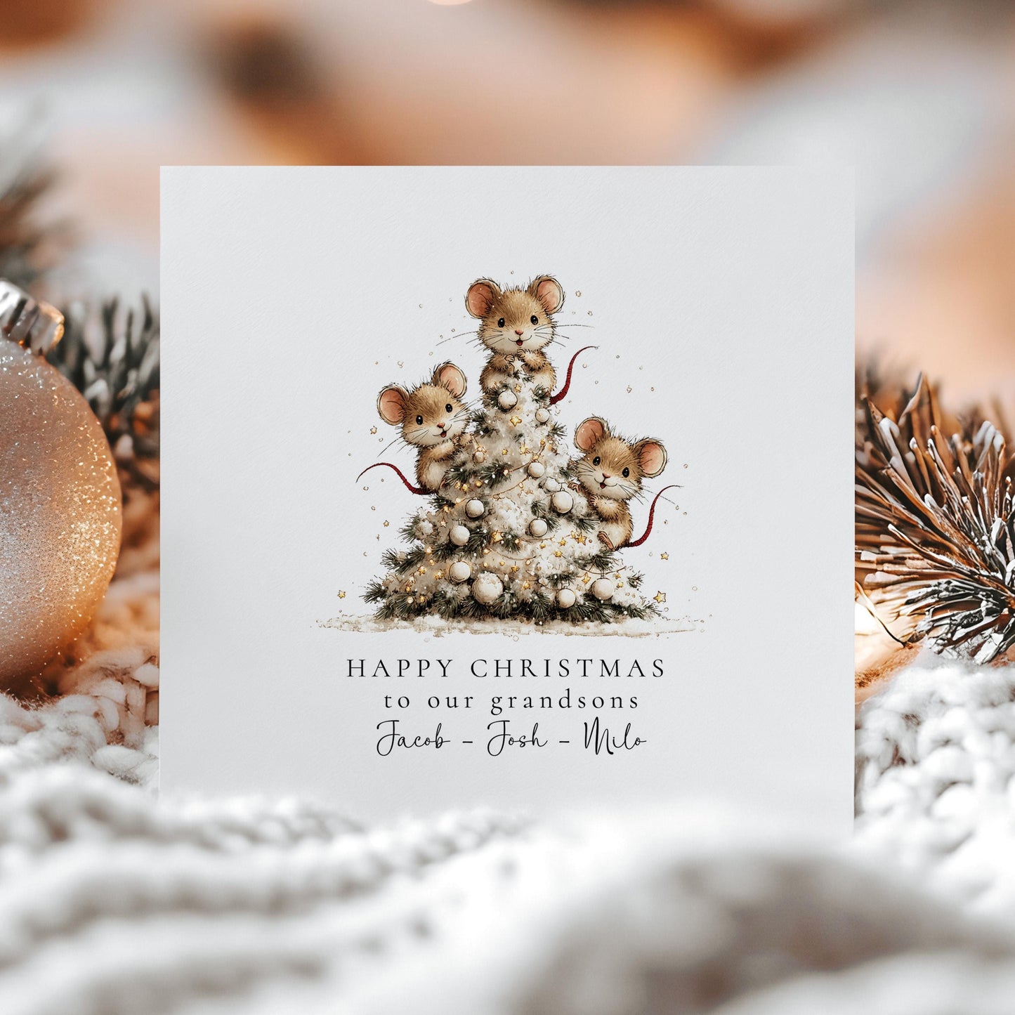 Christmas Card for Grandsons, Cute Mice Christmas Tree Design, Personalised Grandson Xmas Card, Happy Christmas Card for Grandkids