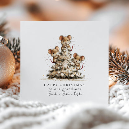 Christmas Card for Grandsons, Cute Mice Christmas Tree Design, Personalised Grandson Xmas Card, Happy Christmas Card for Grandkids