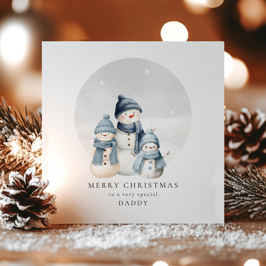 Daddy Christmas Card, Personalised Snowman Family with 2 Sons, Custom Name Card for Dad, Christmas Card from Two Boys, Cute Xmas Card