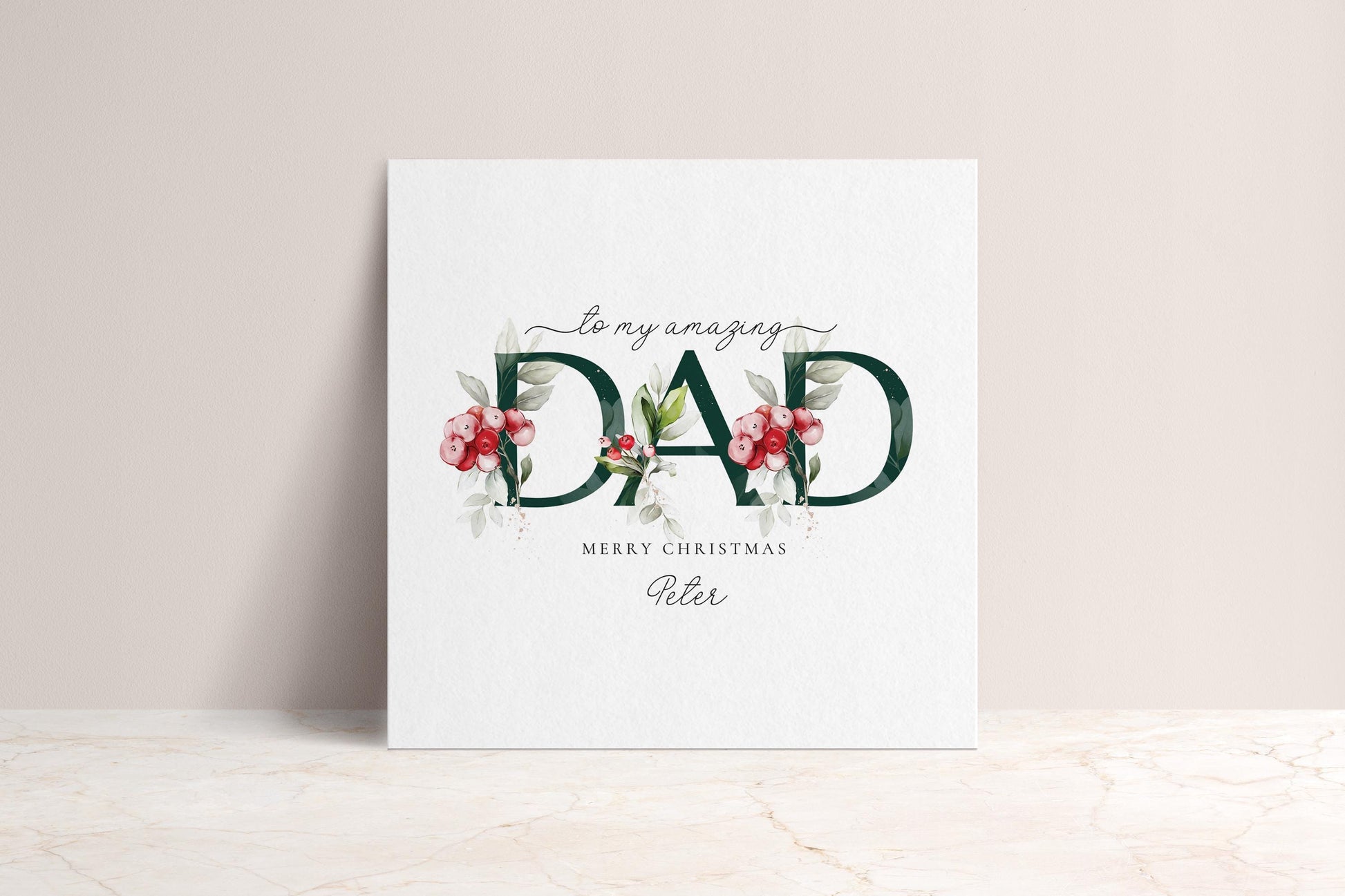Dad Christmas Card, Personalised Christmas Card for Dad, Floral Festive Card, Elegant Merry Christmas Card with Name