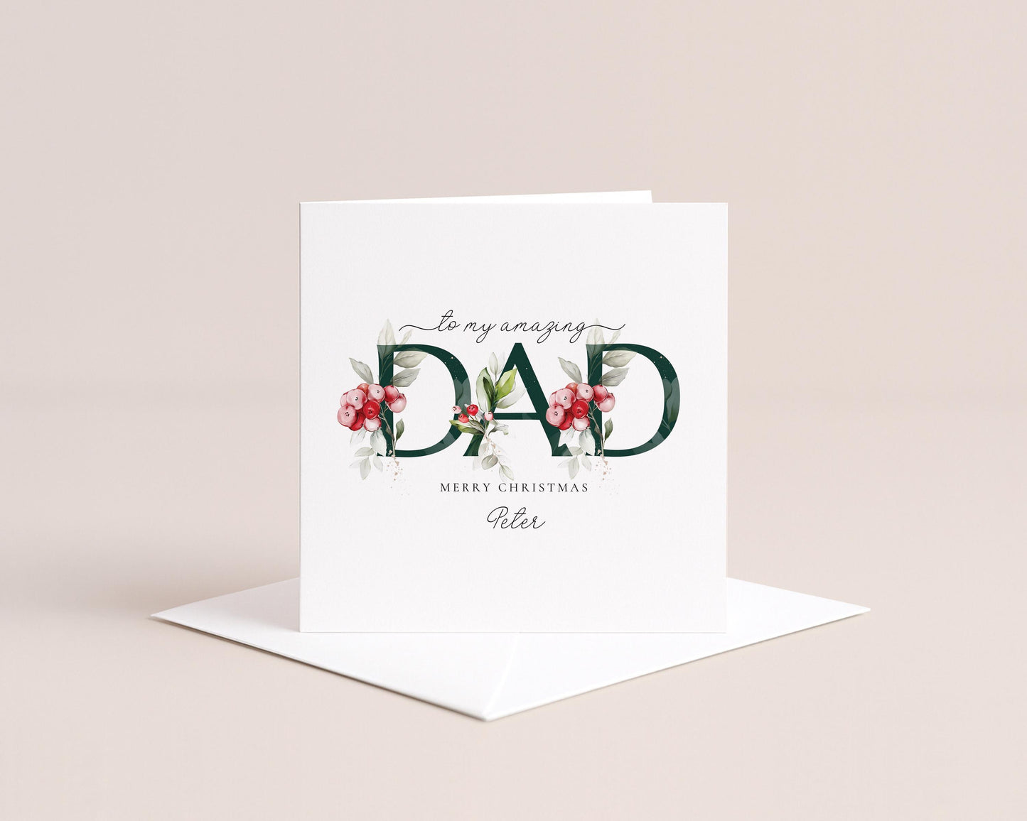 Dad Christmas Card, Personalised Christmas Card for Dad, Floral Festive Card, Elegant Merry Christmas Card with Name