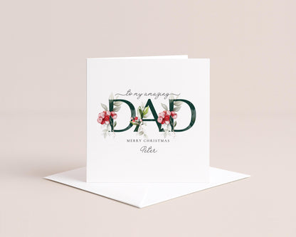 Dad Christmas Card, Personalised Christmas Card for Dad, Floral Festive Card, Elegant Merry Christmas Card with Name