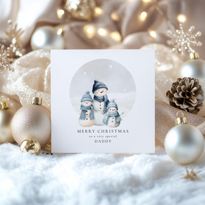 Daddy Christmas Card, Personalised Snowman Family with 2 Sons, Custom Name Card for Dad, Christmas Card from Two Boys, Cute Xmas Card