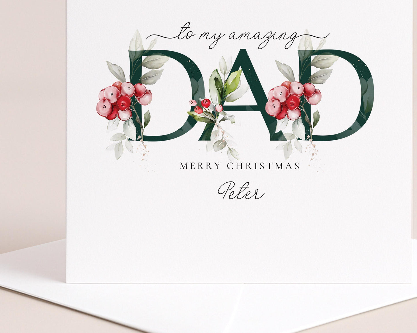 Dad Christmas Card, Personalised Christmas Card for Dad, Floral Festive Card, Elegant Merry Christmas Card with Name