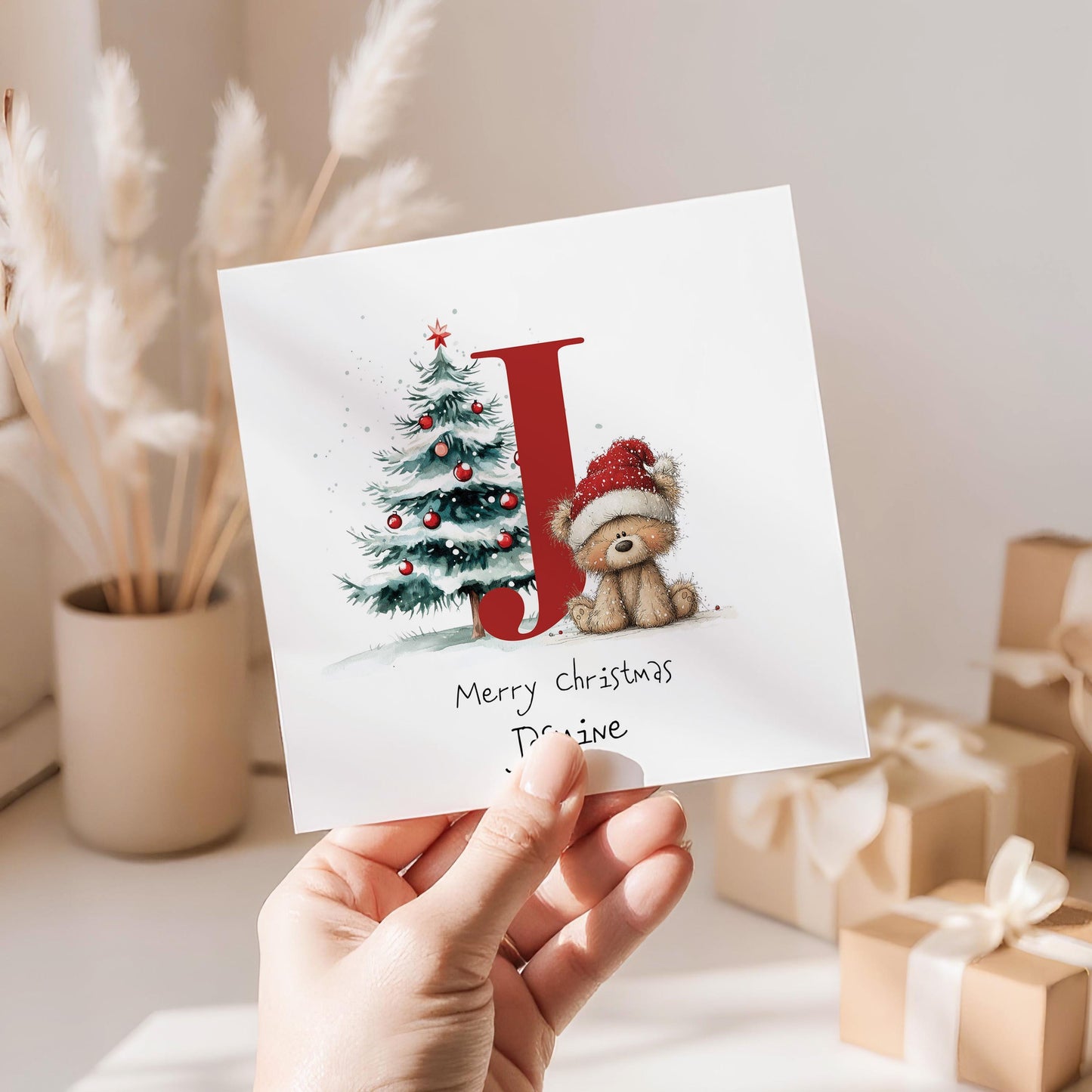 Initial J Christmas Card, Personalised Name Xmas Card, Cute Bear Christmas Card for Kids, Grandchild