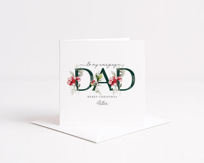 Dad Christmas Card, Personalised Christmas Card for Dad, Floral Festive Card, Elegant Merry Christmas Card with Name