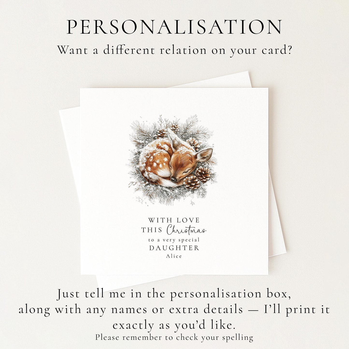 Daughter Christmas Card, Personalised Deer Xmas Card, Cute Winter Daughter Card