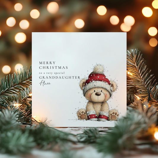 Personalised Granddaughter Christmas Card, Cute Bear Xmas Card, Custom Name Christmas Card for Granddaughter, Kids Holiday Card
