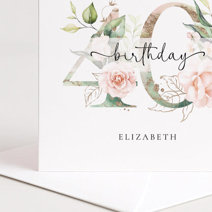 Personalised Age Birthday Card, Floral Milestone Birthday Card, Custom Name Birthday Card, Elegant Floral Number Card, 40th Birthday Card