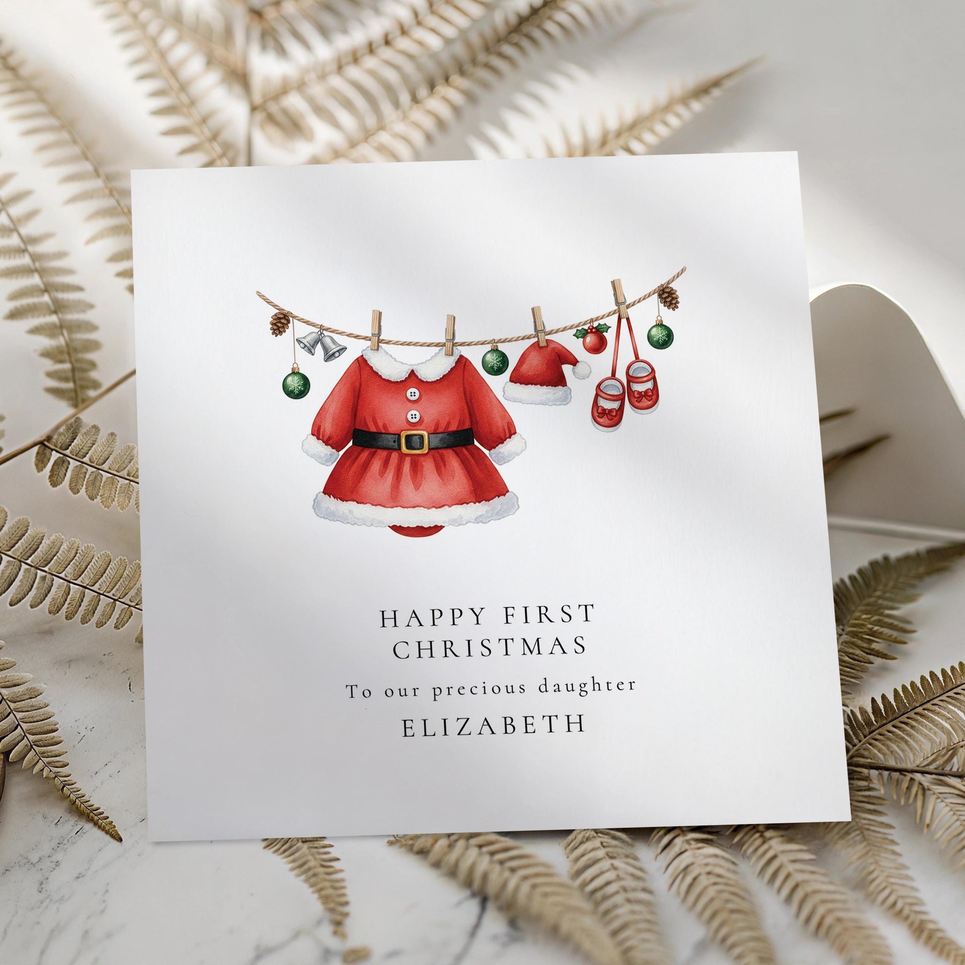 First Christmas Card for Daughter, Baby Girl 1st Christmas Card, Santa Dress Outfit Card, Personalised Printed Card, New Baby Keepsake
