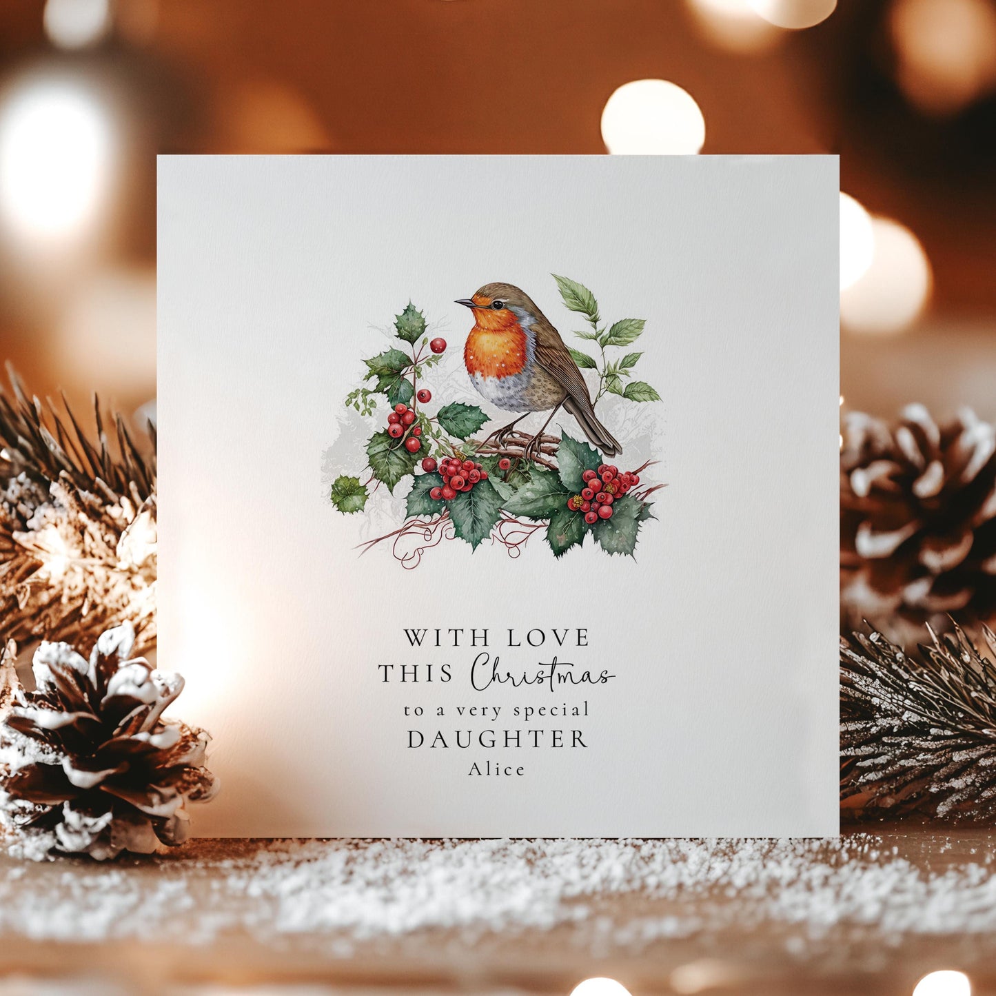 Personalised Daughter Christmas Card, Robin Xmas Card, Special Daughter Christmas Card, Custom Name Card, Winter Bird Holiday Card