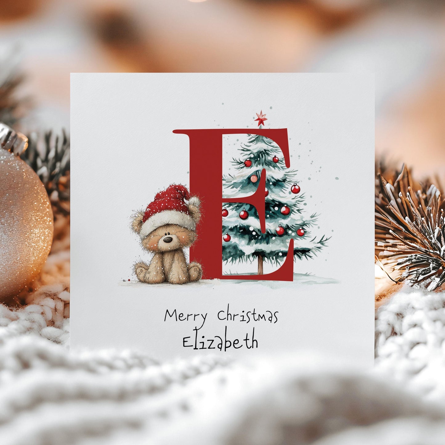 Personalised Initial Xmas Card, Letter E Christmas Card, Cute Bear Christmas Card for Kids, Grandchild