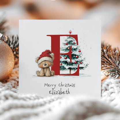 Personalised Initial Xmas Card, Letter E Christmas Card, Cute Bear Christmas Card for Kids, Grandchild