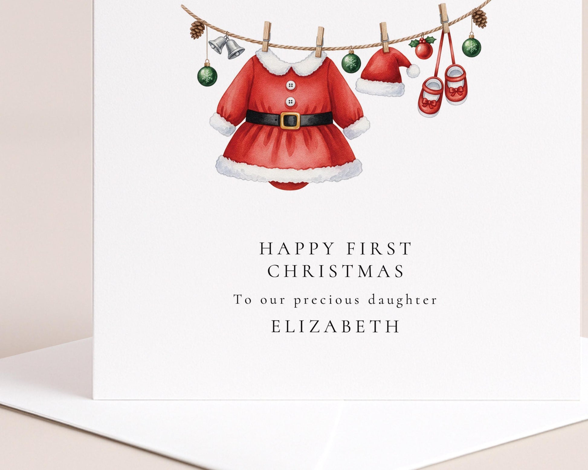 First Christmas Card for Daughter, Baby Girl 1st Christmas Card, Santa Dress Outfit Card, Personalised Printed Card, New Baby Keepsake