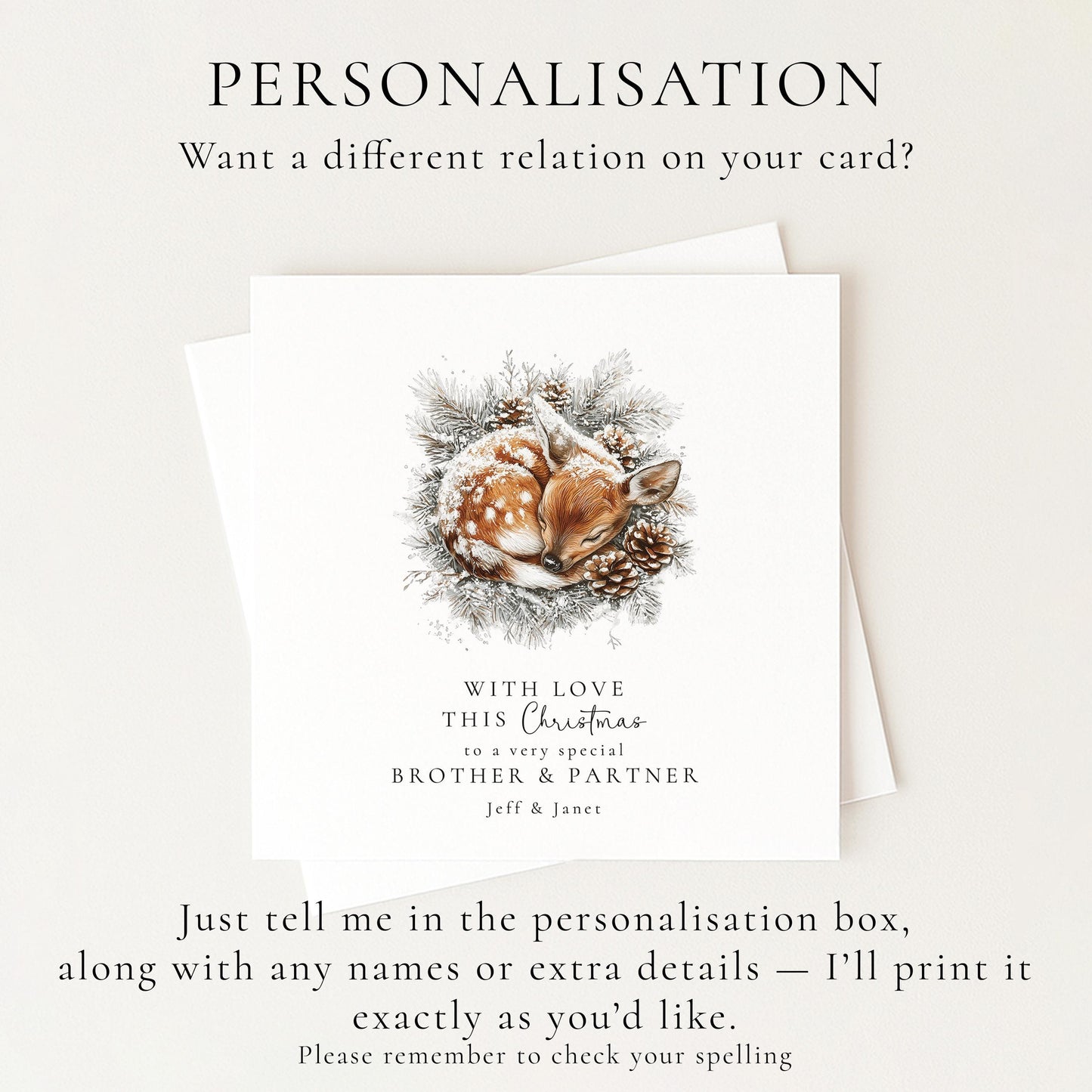 Brother & Partner Christmas Card, Personalised Deer Xmas Card, Winter Holiday Card