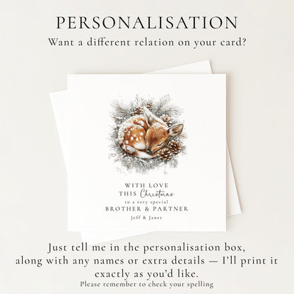 Brother & Partner Christmas Card, Personalised Deer Xmas Card, Winter Holiday Card