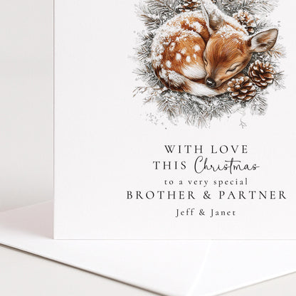 Brother & Partner Christmas Card, Personalised Deer Xmas Card, Winter Holiday Card