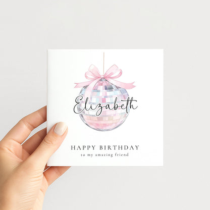 Pink Disco Ball Birthday Card Personalised, Happy Birthday Friend Card, Custom Name Birthday Card for Her, Cute Pastel Birthday Card