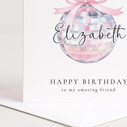 Pink Disco Ball Birthday Card Personalised, Happy Birthday Friend Card, Custom Name Birthday Card for Her, Cute Pastel Birthday Card