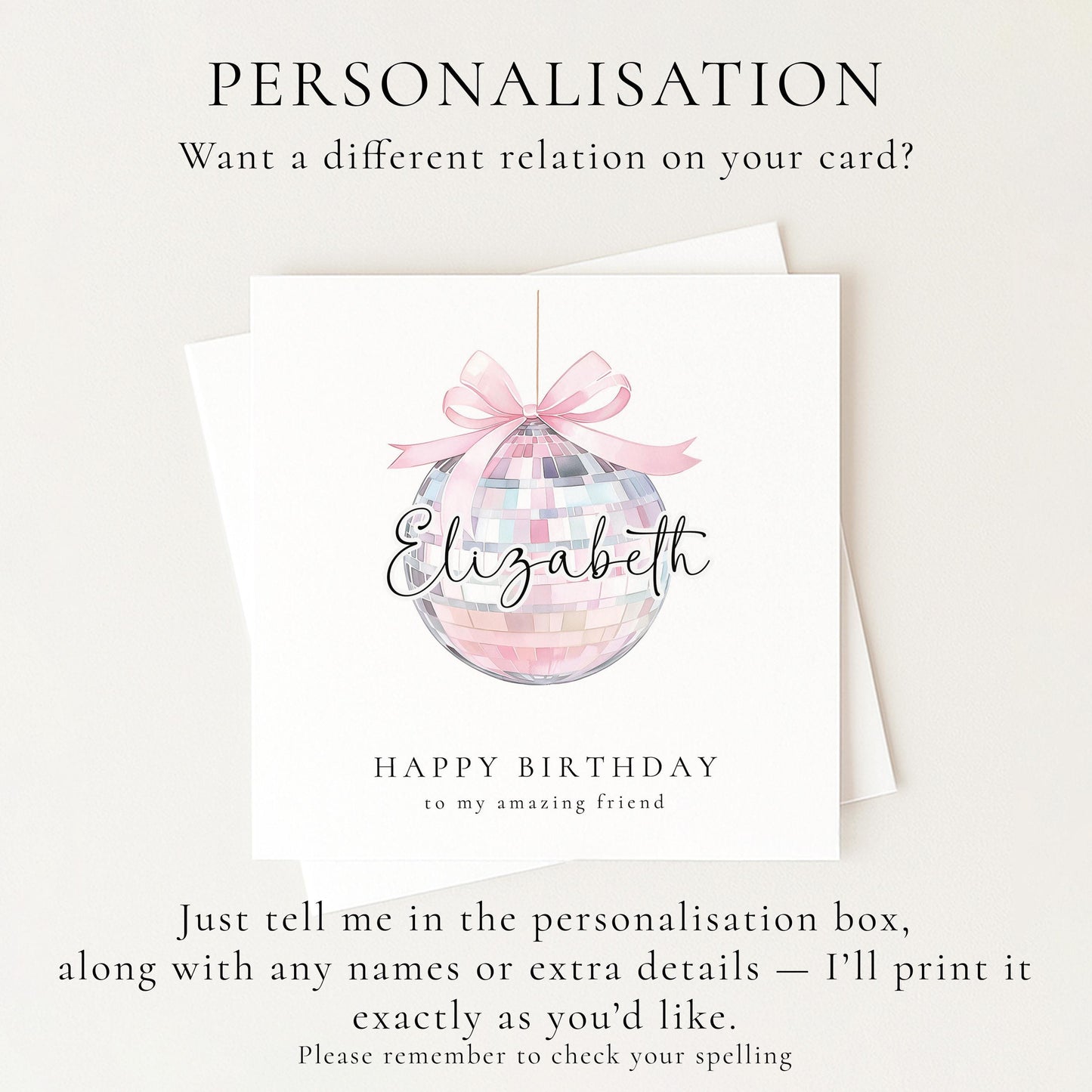 Pink Disco Ball Birthday Card Personalised, Happy Birthday Friend Card, Custom Name Birthday Card for Her, Cute Pastel Birthday Card